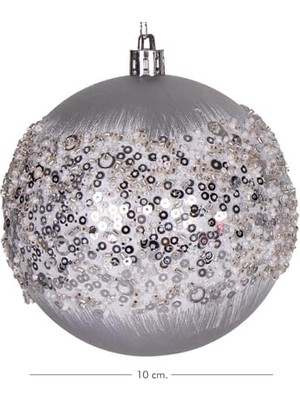 Yılbaşı Topu Beyaz Boncuk ve Halka Desenli 2'li Paket Gümüş 10 Cm.