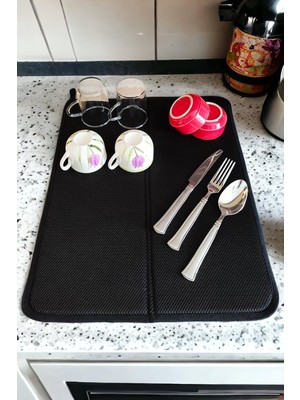 Elegance Bulaşık Kurutma Matı, Bulaşık Kurutma Örtüsü, Kaymaz Taban Emici Bulaşıklık, Katlanır Bulaşık Matı (49X40CM) Siyah