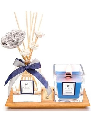 Masif Ahşap Tepsili Vıp Yasemin Sandal Oda Kokusu ve Mum Seti