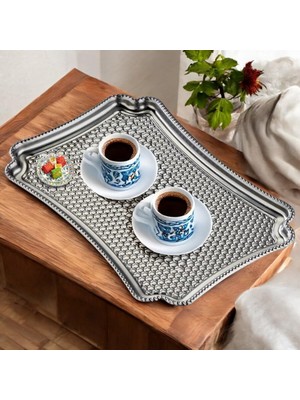 Adet Paslanmaz Çelik Dekoratif Servis Tepsisi, Çelik Tepsi, 28X19 Cm, Gümüş Renk, Kahve Çay Sunum Söz Nişan Tepsi