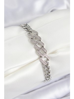 Ayder Timya Pirinç Zirkon Taşlı Ezme Küba Zincir Model Gümüş Renk Kadın Bileklik (Timya/1395) 193374