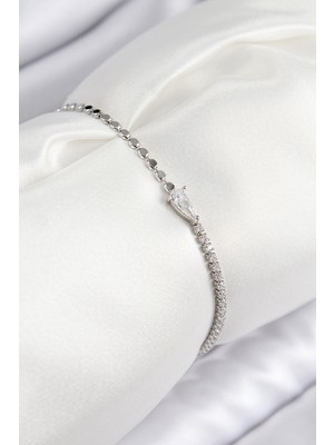 Ayder Timya Pirinç Zirkon Taşlı Damla Model Ezme Zincir Gümüş Renk Kadın Bileklik (Timya/1395) 193419