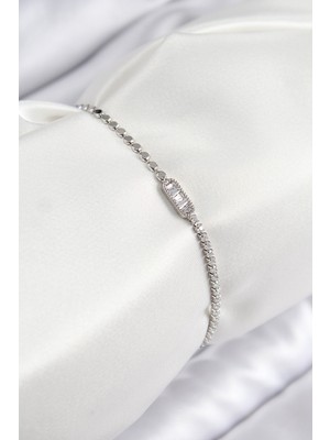 Ayder Timya Pirinç Zirkon Taşlı Dikdörtgen Model Ezme Zincir Gümüş Renk Kadın Bileklik (Timya/1395) 193421