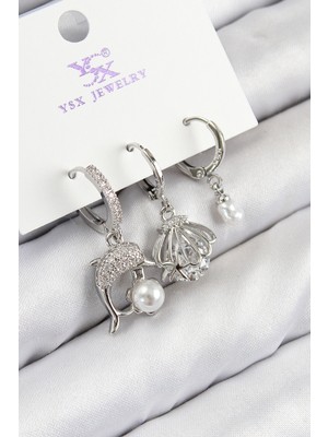 Ayder Timya Pirinç Zirkon Taşlı 3'lü Yunus Balığı Ve İstiridye Model Gümüş Renk Kadın Küpe (Timya/1395) 193669