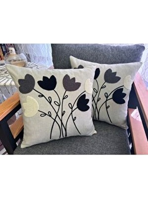 Mustgross Bohem Punch Nakışlı Keten Kırlent Kılıfı 2'li Set - 43X43 cm - Antrasit Renk