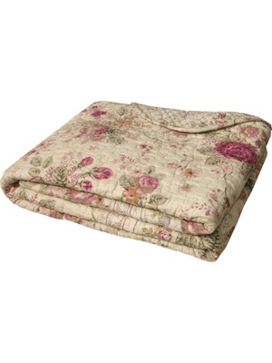 Gül - Klasik Geleneksel Çiçek -%100 Pamuk Kapitone Örtü Battaniye, 127 x 152 Cm, Ekru