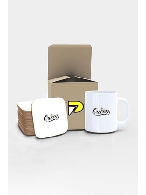 Kraliçe Yazılı Tipografik Tasarımlı Baskılı Kupa Bardak Seti, Eğlenceli Özel Hediye Mug