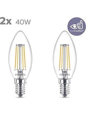 LED 40W B35 LED Mum Filament Ampul, 2700K Beyaz Işık, E14 Ince Duy, Dim Edilmez, 2'li Ekopaket