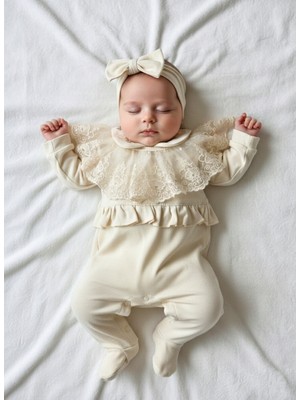 Giza Kids %100 Pamuk Kız Bebek Saç Bantlı Uzun Kollu Mevsimlik Tulum