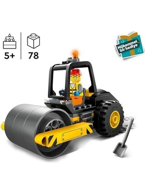 City Yol Silindiri 60401 – 5 Yaş ve Üzeri Kız ve Erkek Çocuklar Için Doğum Günü Hediyesi Fikri, Kürekli ve Baretli Inşaat Işçisi Minifigürü Içeren Yaratıcı Oyuncak Yapım Seti (78 Parça)