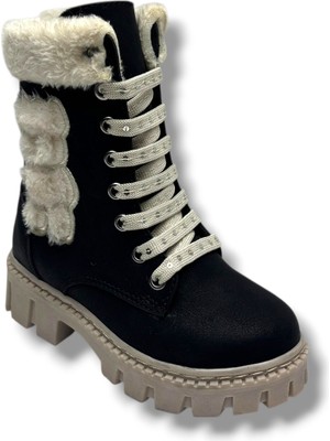 Labubu 273-26 Yağlı Deri Ayıcık Figürlü Içi Kürklü Fermuarlı Bağcıklı Kız Çocuk Bot 28-35