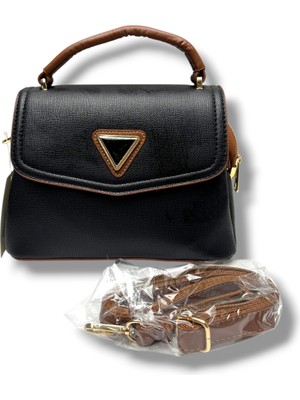 Cakgo 300-26 Baskı Deri Üçgen Toka Detaylı El ve Omuz Kadın Çanta Siyah Taba