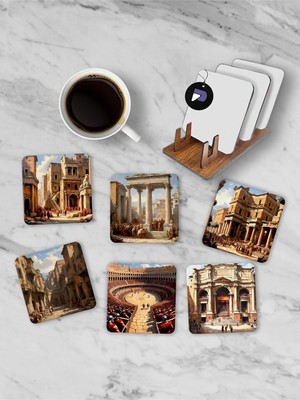 (PSTER21262) Antik Roma Standlı Ahşap Bardak Altlığı Seti, 6 Adet Baskılı Bardak Fincan Kahve Altlığı