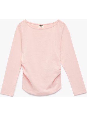 Koton Pamuklu Kayık Yaka Büzgülü Uzun Kollu Tişört