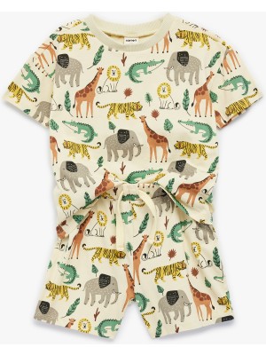 Koton Hayvanlar Baskılı Kısa Kollu Bisiklet Yaka Pamuklu 2'li Tişört ve Şort Seti
