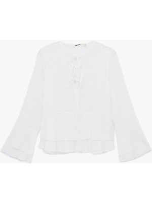 Koton Uzun Ispanyol Kollu Bağcıklı Yaka Fırfırlı Bluz