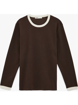 Koton Regular Fit Ribanalı Renk Kontrastlı Pamuklu Bisiklet Yaka Uzun Kollu Tişört