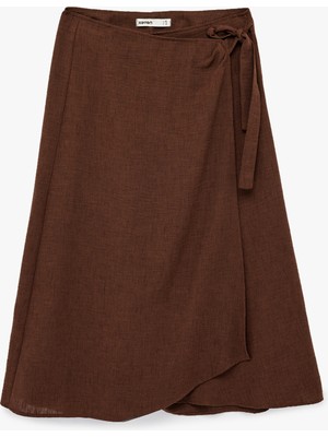 Koton Keten Görünümlü Asimetrik Bağlama Detaylı Kruvaze Midi Etek