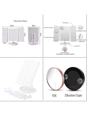 - 1X-2X-3X-10X Büyütmeli 37 LED Işıklı Makyaj Aynası, 3 Panel, Katlanabilir, Dokunmatik Sensörlü (Beyaz)