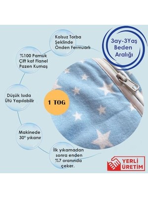 Kışlık ve Mevsimlik, Çıtçıtlı, Çift Kat Flanel Kumaş, Bebek Çocuk Uyku Tulumu, 1 Tog (3-18AY)