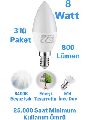 Repplam Horoz 8W Buji LED Ampul Beyaz Işık 800 Lümen Ince Duylu Ampul Mum Ampul