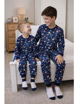 Zuzunga Gezegen Desenli %100 Pamuk Lacivert Çocuk Pijama Takımı