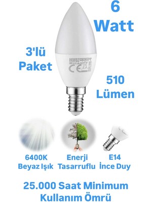 Repplam 6W Buji LED Ampul Beyaz Işık 510 Lümen Ince Duylu Ampul Mum Ampul
