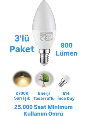 Repplam Horoz 8W Buji LED Ampul Sarı Işık 800 Lümen Ince Duylu Ampul Mum Ampul