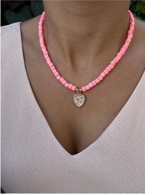 Hercy Pembe Fimo Boncuklu Kalpli Kolye | #summer Necklace