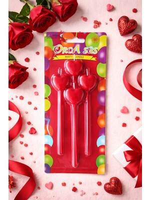 Kırmızı Çubuklu Kalp Pasta Mumu 4'lü Doğum Günü Pasta Mumu Sevgililer Günü