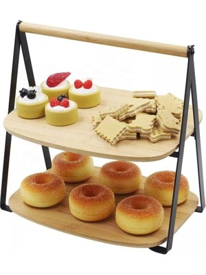 2 Katlı Dikdörtgen Bambu Servis Sunum Seti Büyük Boy, Kuru Pasta, Kurabiye ve Kek Sunumları Için Büyük Boy (34CM-26.5CM-16CM)