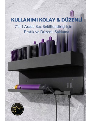 3art Metal Dekorasyon Saç Aletleri Organizeri - Metal Fön & Maşa Askılığı - Banyo Düzenleyici Raf