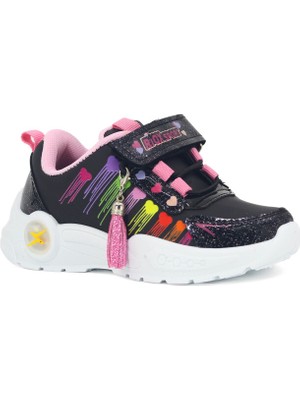 Tarzbu Işıklı Çocuk Spor Ayakkabı, Siyah-Pembe, Renkli Gökkuşağı Desenli, Tassel Detaylı, Cırt Cırtlı, Kalın Tabanlı TARZZOX2025