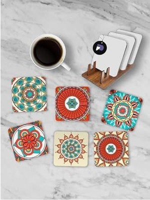 (PSTER21257) Etnik Mandala Desenli Standlı Ahşap Bardak Altlığı Seti, 6 Adet Baskılı Bardak Fincan Kahve Altlığı