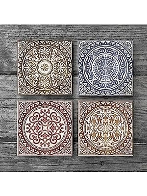 Etnik Desen Taş Bardak Altlığı Seti - 4 Parça - Dekoratif, Rustik Mutfak Aksesuarı, 10X10 Cm, Kaydırmaz Tabanlı, Şık ve Dayanıklı SC114