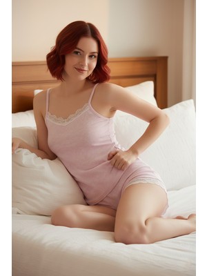 Bravie Kadın Yaprak Ip Askılı Şortlu Yumuşak Dokulu Pijama Takımı Pembe