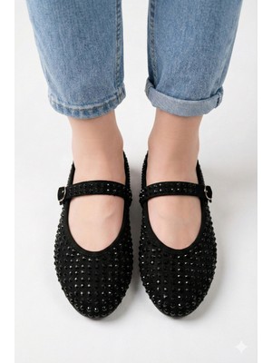 Nmoda Kadın Baretli Siyaha Siyah Taşlı Günlük Babet Ayakkabı