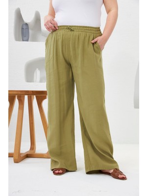 Rmg Beli Lastikli Geniş Paça Büyük Beden Pantolon Oliv1