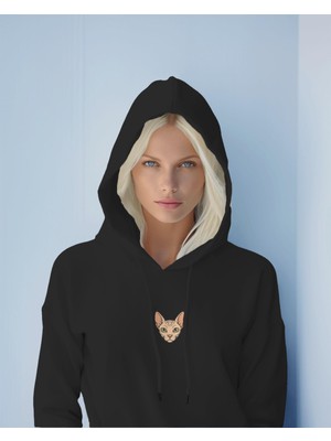 Muhtar Store Sphynx Kedili Hoodie Unisex %100 Pamuk | Siyah Kapüşonlu Sweatshirt Göğüs Ortası Minimal Logo