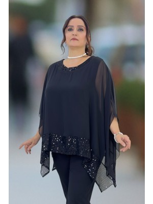 Yagmur Beren  Yaka ve Etek Uçları Pul Payet Detaylı Bisiklet Yaka Büyük Beden Şifon Gömlek Bluz
