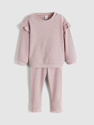 LC Waikiki Pembe Bisiklet Yaka Basic Kız Çocuk Sweatshirt ve Tayt 2'li