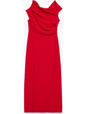 Koton Tek Omuz Kolsuz Yırtmaç Detaylı Drapeli Midi Elbise