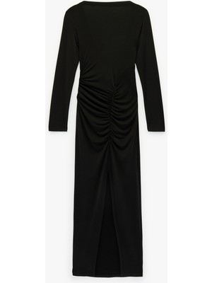 Koton Slim Fit Drapeli Uzun Kollu Hakim Yaka Uzun Elbise