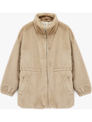Koton Kadın Fermuarlı Cep Detaylı Peluş Ceket Dik Yaka Beli Lastikli Kışlık Model