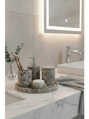 Deconore Traverten Mermer Banyo Seti 5’li – El Yapımı Doğal Taş Banyo Aksesuar ve Dekorasyon Seti