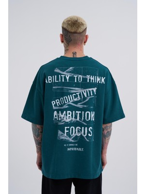 Machinist Erkek Yıkamalı Tape Baskılı Oversize Tişört Yağ Yeşili