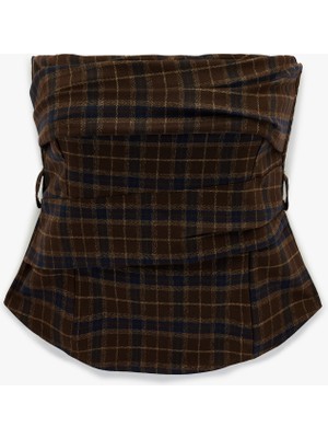 Koton Gipeli Drape Detaylı Straplez Ekose Crop Bluz