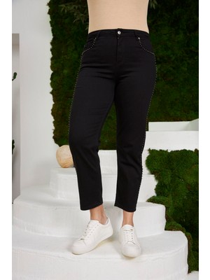 Rmg Büyük Beden Yanları Trok Baskılı Mom Jeans Siyah Pantolon