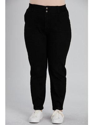 Rmg Beli Lastikli Çift Düğme Büyük Beden Siyah Kot Pantolon