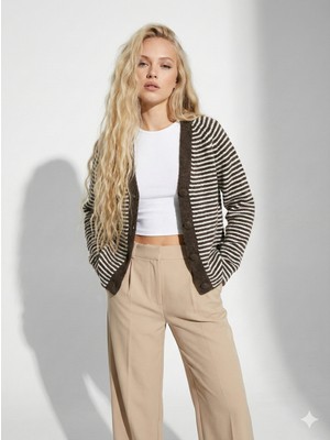 Ribana Classic Kadın Desenli Yumoş Pamuklu Uzun Kollu Ceket Görünümlü Oversize Kalıp Triko Hırka 2598